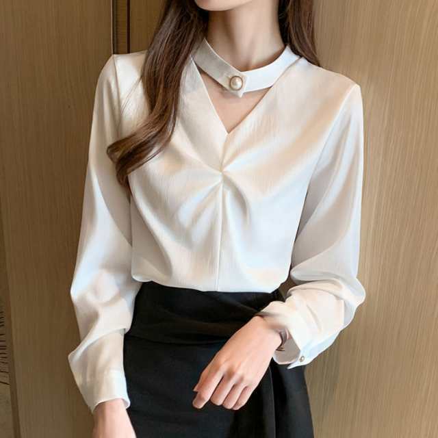 レディース ブラウス Ｖネック スカーフ シャツ ブルオーバー ゆったり シルエット ブラウス オフィス シャツ 長袖 Vネック トップス 大きいサイズ 着痩せ カジュアル 体型カバー 無地 通勤 O