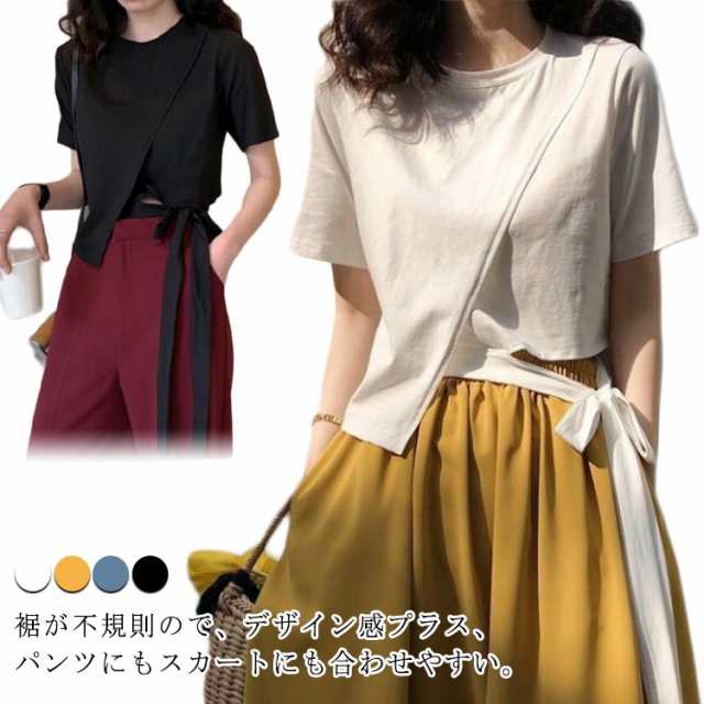 Tシャツ レディース トップス 春 夏 半袖 個性的 プルオーバー 変形 ラウンドネック アシンメトリー デザイン スリット カットソー リボン 体型カバー モード系 春 夏 きれいめ カジュアル 通