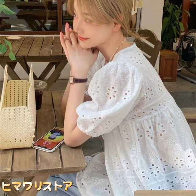 刺繍レースブラウス ブラウス レディース 春夏 トップス シャツ 七分袖 スキッパー レース 刺繍 フレア袖 スカラップ ギャザー ナチュラル フェミニン