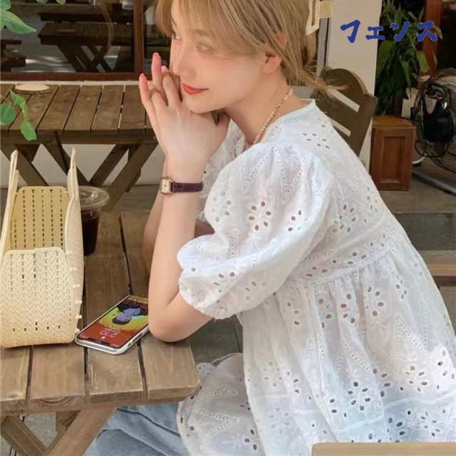 刺繍レースブラウス ブラウス レディース 春夏 トップス シャツ 七分袖 スキッパー レース 刺繍 フレア袖 スカラップ ギャザー ナチュラル フェミニン