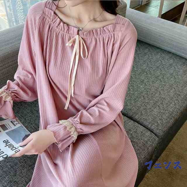 全4色 ネグリジェ ロング ワンピース ルームウェア レディース パジャマ ゆったり 寝巻き 女性用 部屋着 長袖 大人 お姫様風 フリル 春秋 綿 コットン 柔らか ロング丈 ナイトウェア リボン